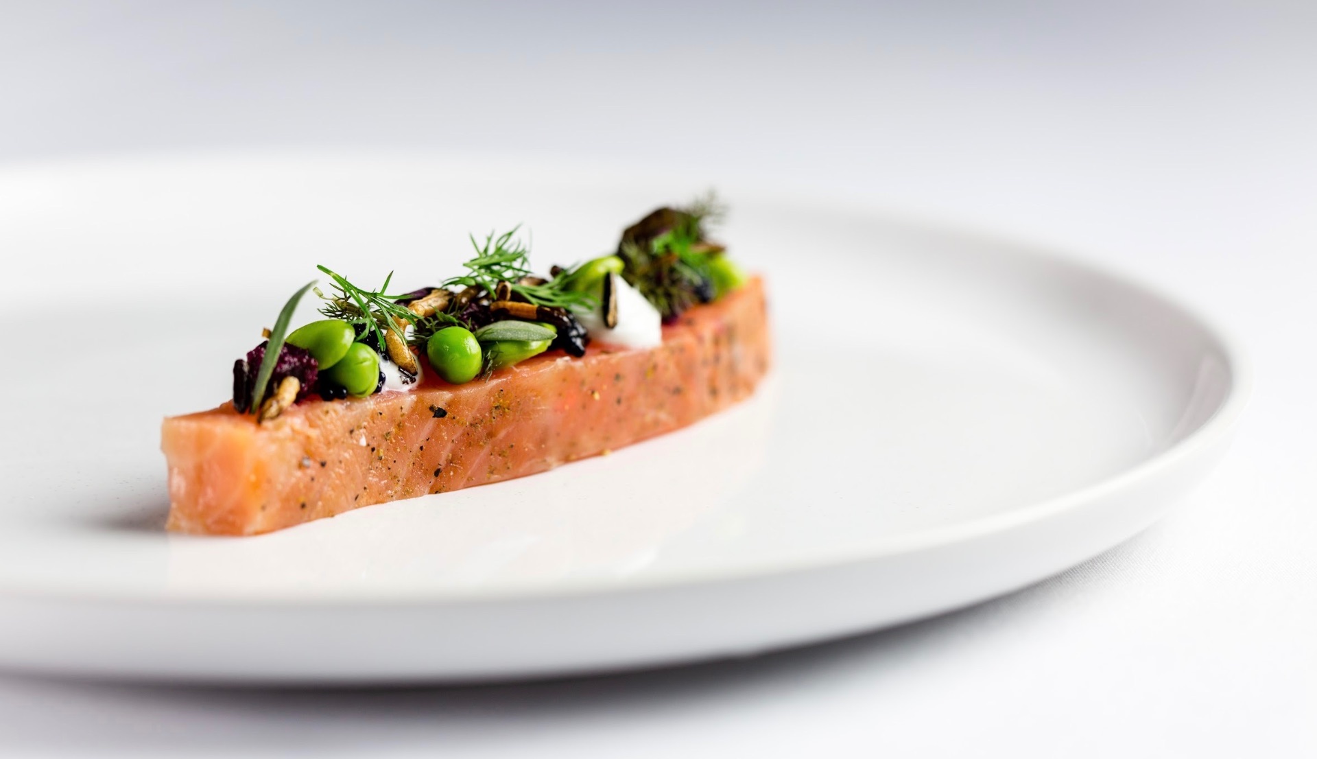 Cured salmon with dill, peas and seeds on a wide white plate