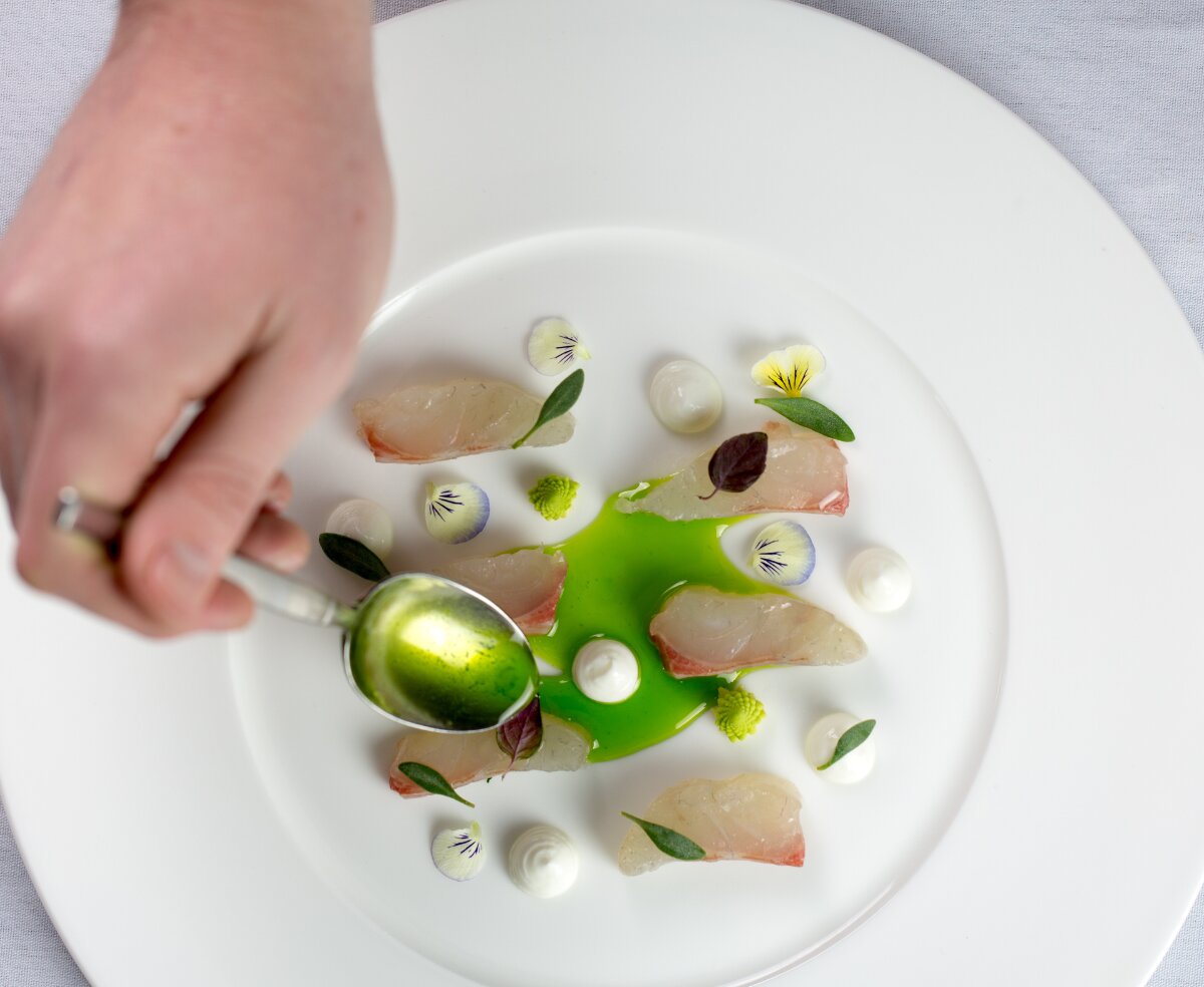 Crudo with herb oil and edible flowers