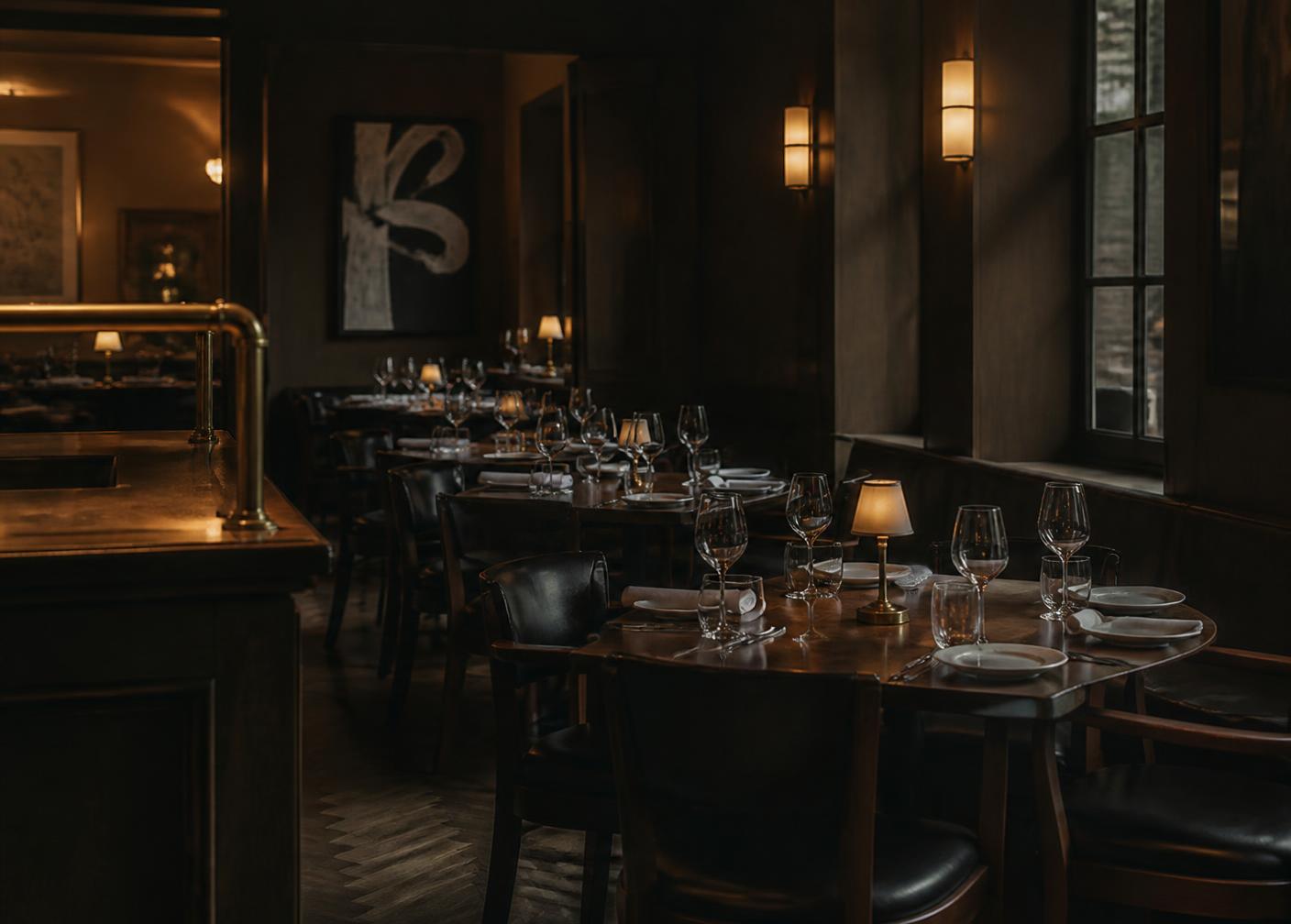 Dining room at dusk in a modern British hospitality venue